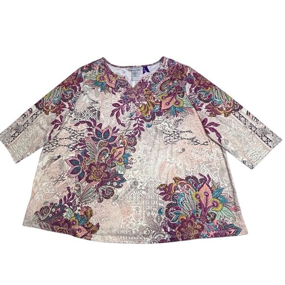 Catherines Floral Paisley Tunic Top Size 1XWP Petite 1X Beige Purple Embellished - Picture 3 of 10